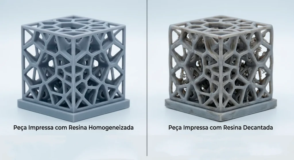 Imagem comparativa de duas peças geométricas impressas em 3D. À esquerda, a peça impressa com resina homogeneizada apresenta cor cinza uniforme, acabamento liso e estrutura interna limpa. À direita, a peça impressa com resina decantada exibe falhas estruturais, manchas escuras e coloração irregular.