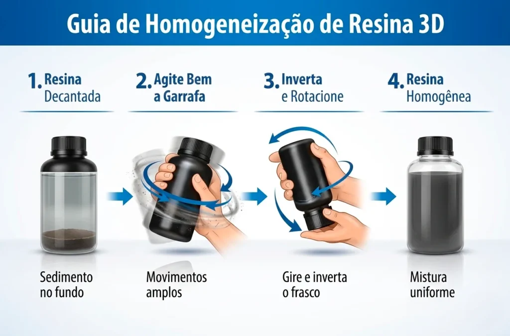 Infográfico intitulado Guia de Homogeneização de Resina 3D exibindo quatro passos. Passo 1, Resina Decantada, mostra um frasco transparente com sedimento acumulado no fundo. Passo 2, Agite Bem a Garrafa, ilustra mãos segurando um frasco escuro fazendo movimentos amplos em círculo. Passo 3, Inverta e Rotacione, exibe as mãos girando e virando o frasco de cabeça para baixo. Passo 4, Resina Homogênea, apresenta o frasco novamente transparente, mas agora com uma mistura cinza escura e uniforme.