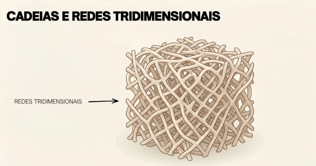 Uma representação visual de cadeias e redes tridimensionais complexas e entrelaçadas, que se formam quando a resina líquida cura em um objeto sólido durante a impressão 3D.
