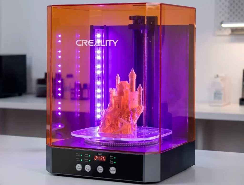 Máquina de cura secundária Creality em pleno funcionamento. Um castelo detalhado impresso em resina 3D gira em uma plataforma rotativa sob iluminação UV roxa uniforme, finalizando o processo de polimerização. O visor digital mostra '04:30' e 'CURE'.