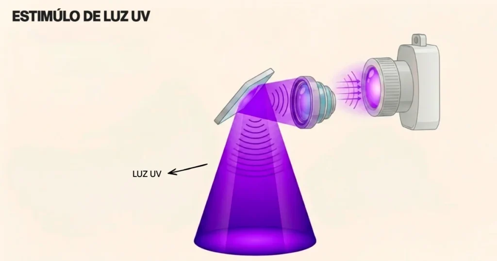 Ilustração detalhada de um estímulo de luz UV, mostrando a fonte de luz e o feixe convergente através de lentes para iniciar a fotopolimerização na impressão 3D.