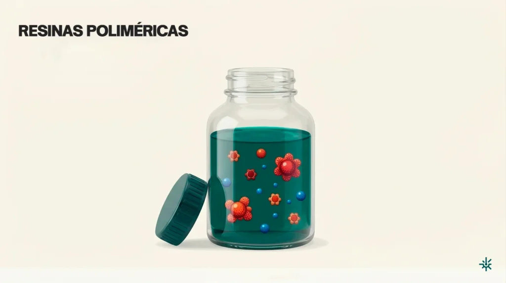 Ilustração detalhada de uma garrafa aberta de resinas poliméricas para impressão 3D, mostrando a mistura líquida contendo monômeros, oligômeros e radicais químicos.